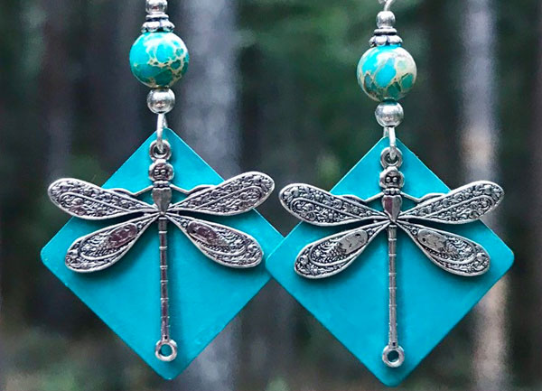 Handmade blue patina silver dragonfly earrings with turquoise.