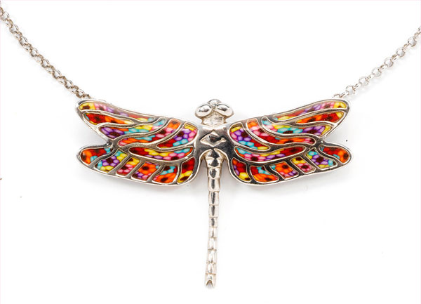 Dragonfly Necklace, Handmade Sterling Silver Pendant with Millefiori Polymer Clay
