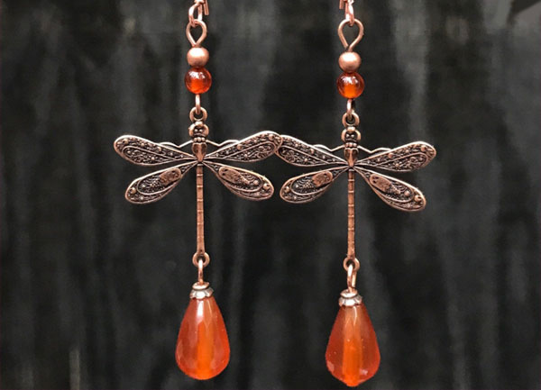 Carnelian and copper dragonfly earrings