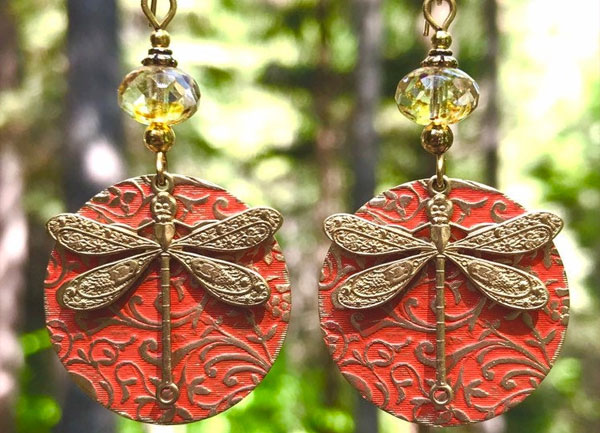 Unique brass Boho dragonfly earrings with glass and gold.