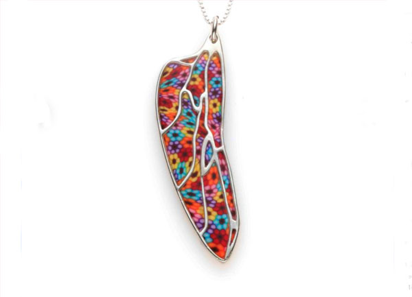 Dragonfly Wing Necklace, Handmade Silver Pendant with Millefiori Polymer Clay