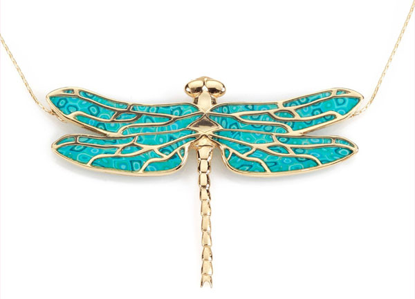 Dragonfly Necklace, Handmade Pendant with Turquoise Polymer Clay, Gold Plated Silver